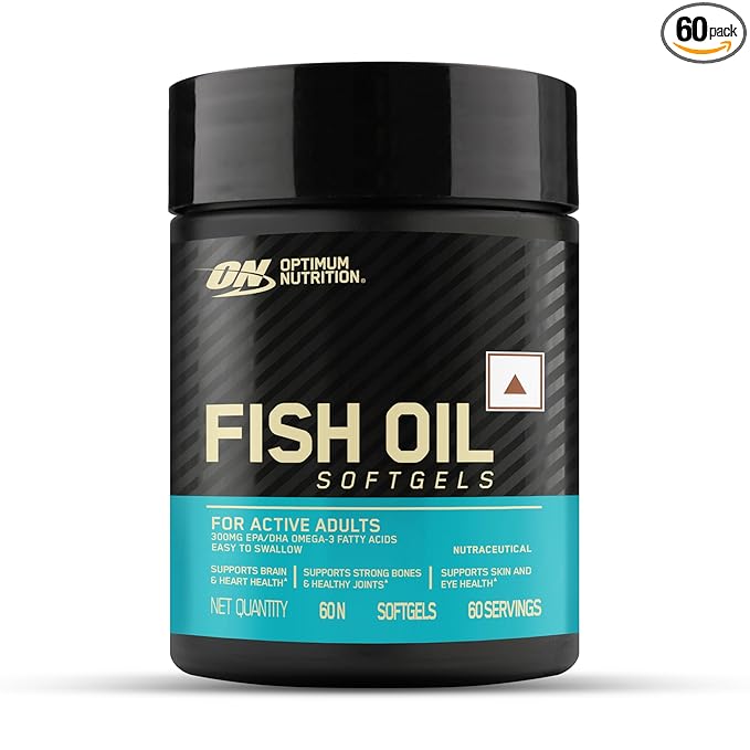 Optimum Nutrition (ON) Fish Oil - 60 Capsules, 300mg EPA/DHA Omega -3 Fatty Acids for Strong Bones-Healthy Joints, Brain, Heart, Skin & Eye Health