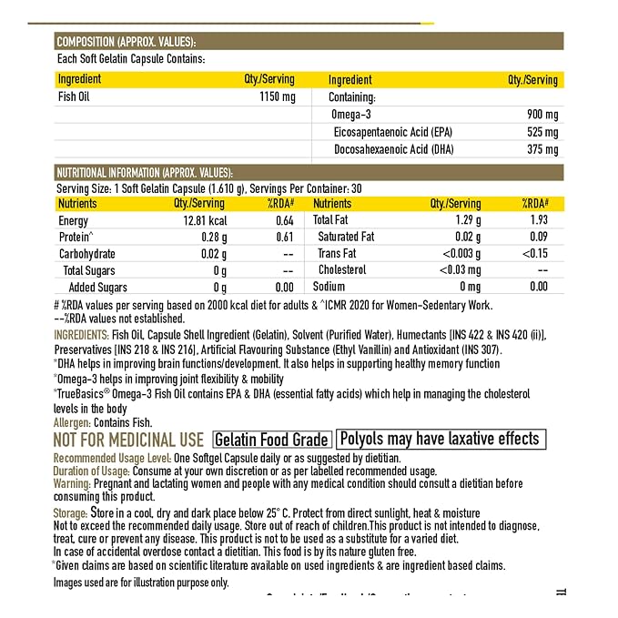 TrueBasics Triple Strength Omega-3 Fish Oil, 30 Capsules