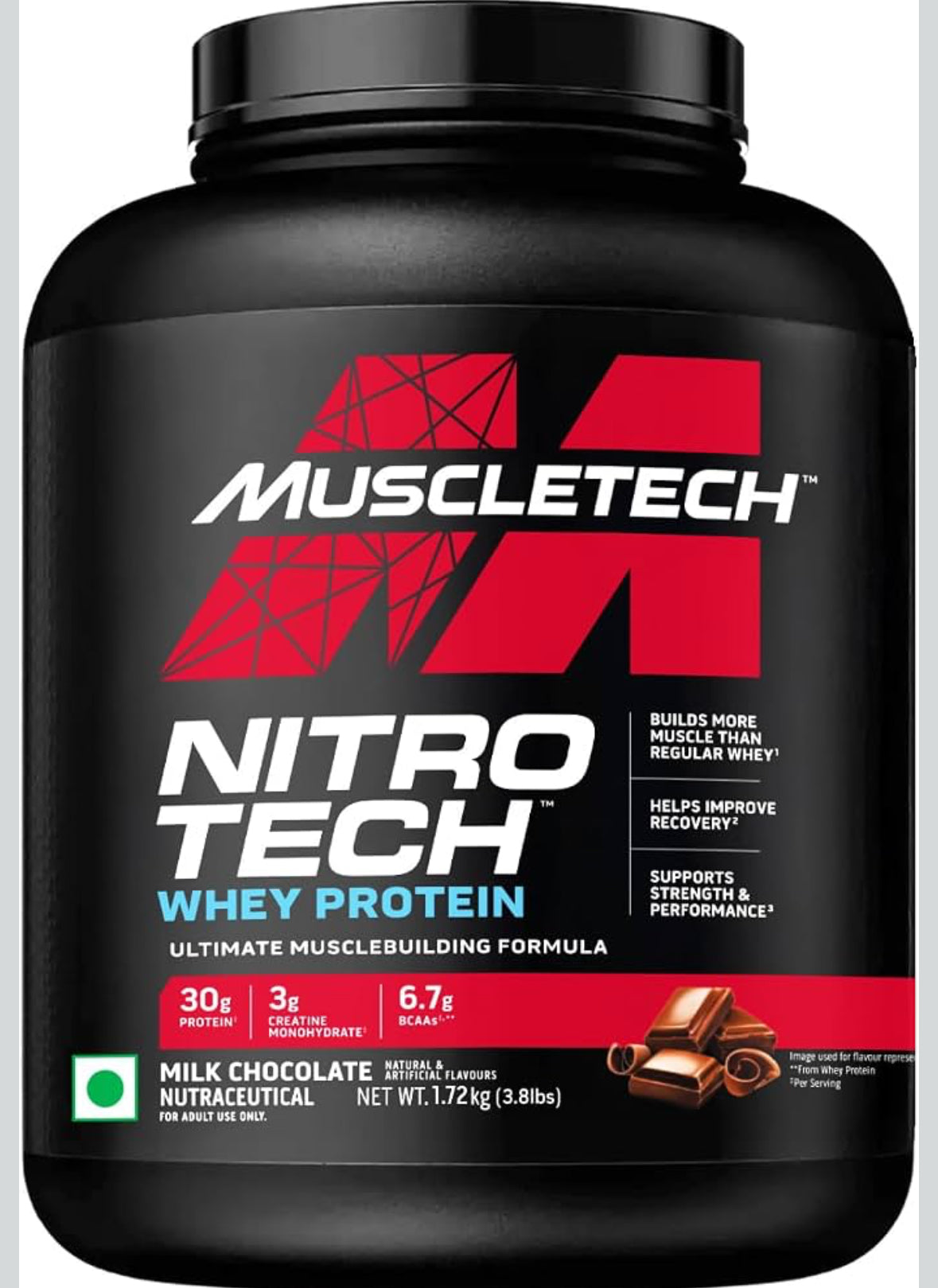 MuscleTech Nitro-Tech Whey Protein, 1.72kg (3.8lbs), Milk Chocolate, 30g Protein, 3g creatine monohydrate, 6.7g BCAA, ultimate muscle building formula, increase strength & performance