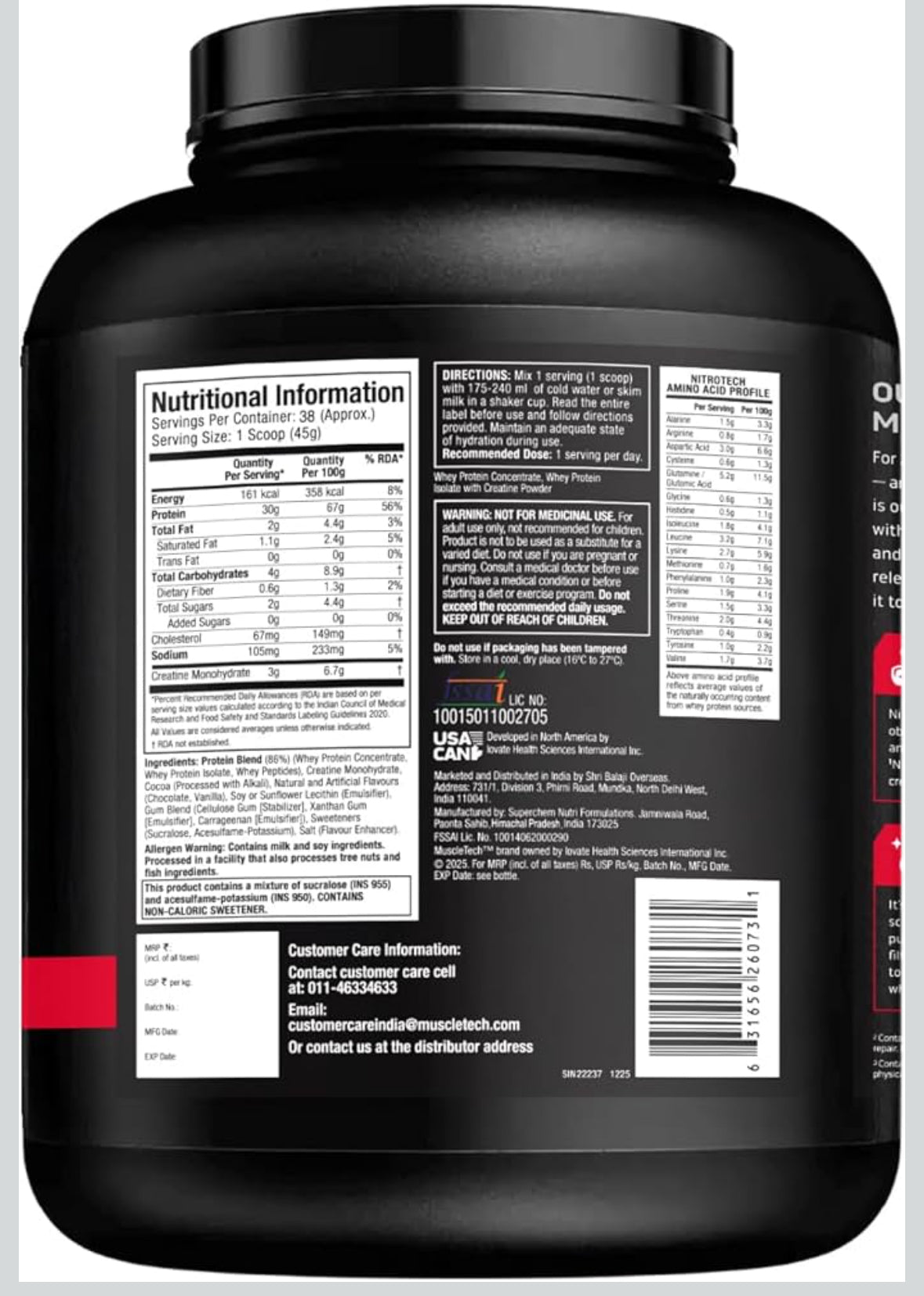 MuscleTech Nitro-Tech Whey Protein, 1.72kg (3.8lbs), Milk Chocolate, 30g Protein, 3g creatine monohydrate, 6.7g BCAA, ultimate muscle building formula, increase strength & performance