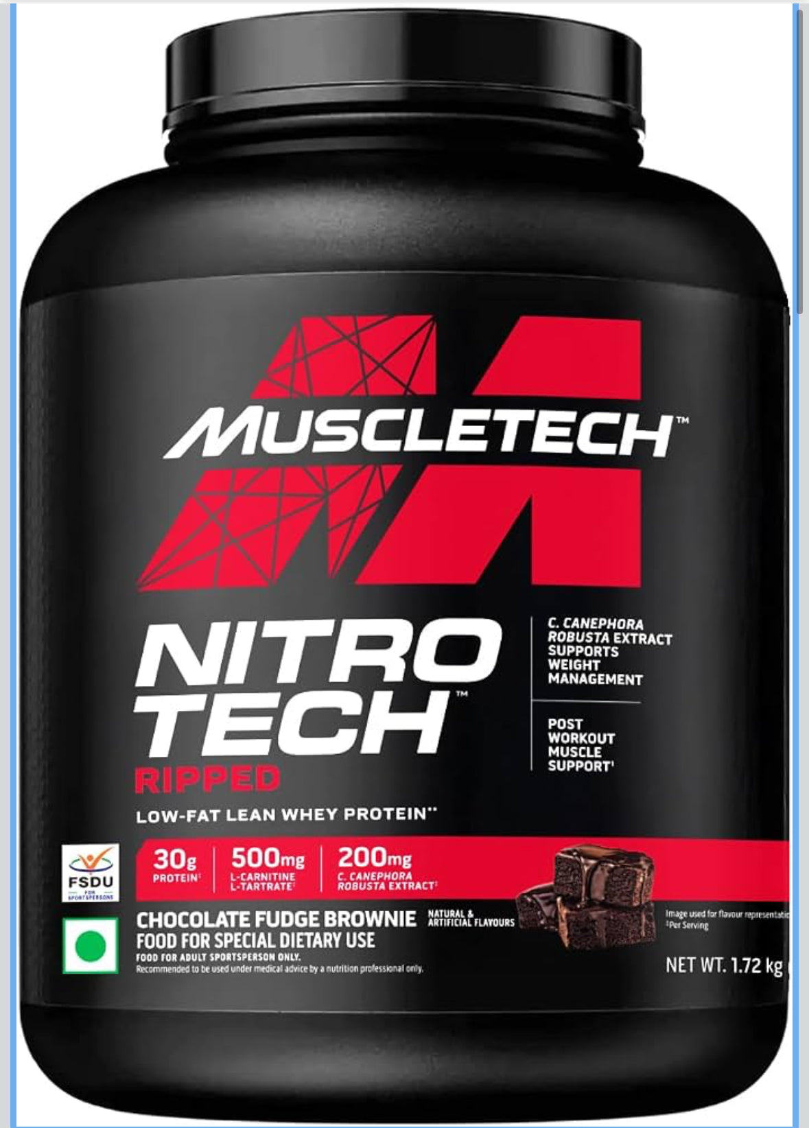 MuscleTech Nitrotech Ripped,1.72 Kg (3.8Lbs),Chocolate Fudge Brownie,Low Fat Lean Whey Protein,+ Weight Management,30 G From Whey Protein,500 G (L-Carnitine & L-Tartrate),200 Mg C,41 Servings