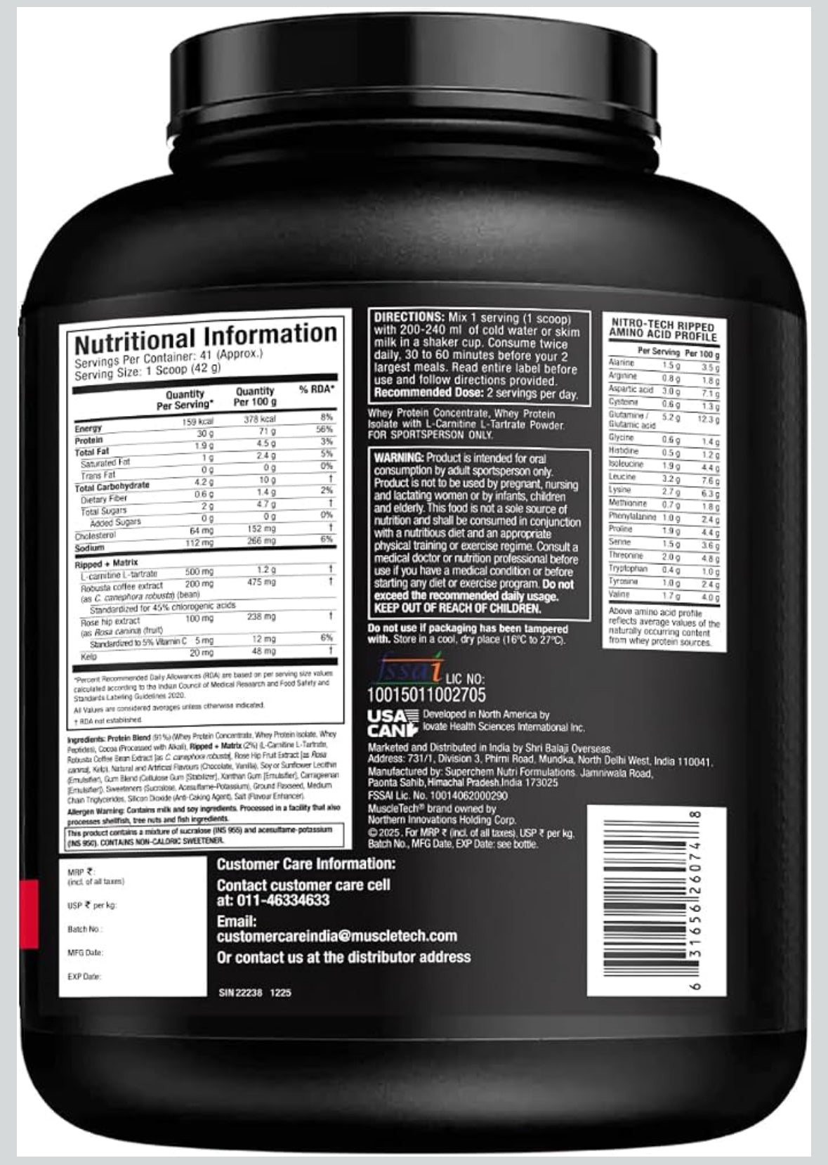 MuscleTech Nitrotech Ripped,1.72 Kg (3.8Lbs),Chocolate Fudge Brownie,Low Fat Lean Whey Protein,+ Weight Management,30 G From Whey Protein,500 G (L-Carnitine & L-Tartrate),200 Mg C,41 Servings