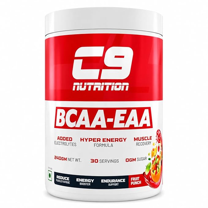 C9 NUTRITION BCAA EAA Powder with 5000mg BCAA, 9000mg EAA & 500mg L-Arginine | Sugar-Free Amino Acid Supplement with Electrolytes for Workout & Muscle Recovery | (30 Servings, Fruit Punch Flavour)