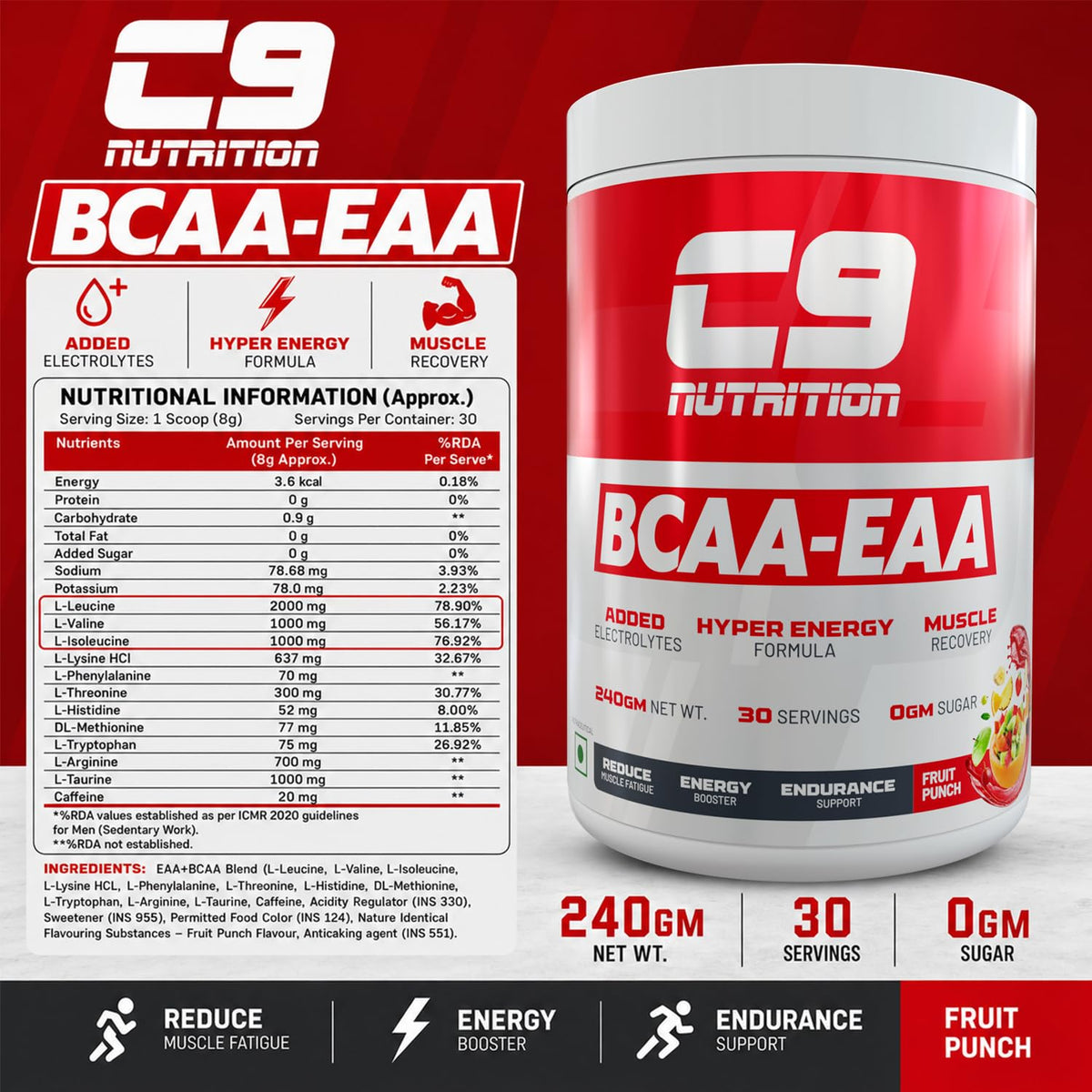 C9 NUTRITION BCAA EAA Powder with 5000mg BCAA, 9000mg EAA & 500mg L-Arginine | Sugar-Free Amino Acid Supplement with Electrolytes for Workout & Muscle Recovery | (30 Servings, Fruit Punch Flavour)