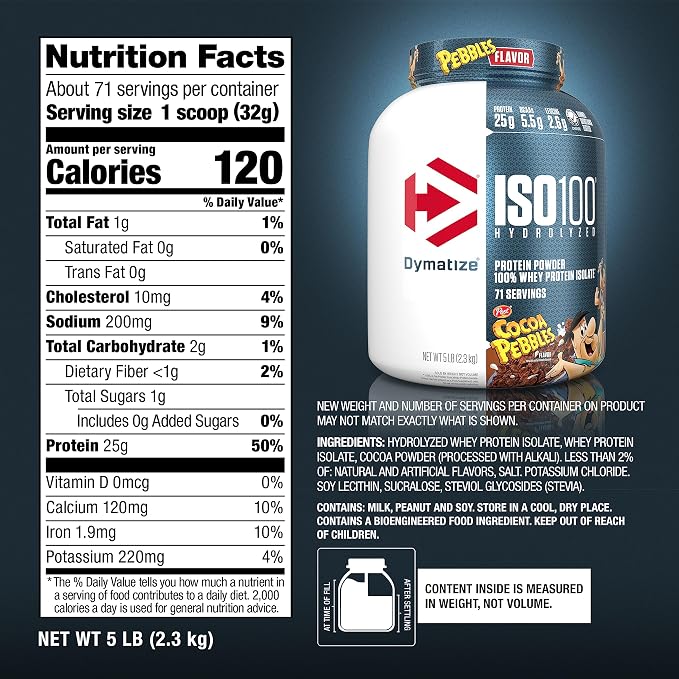 Dymatize Nutrition ISO100 Hydrolyzed Whey Protein Isolate | Fast-Digesting | Muscle Recovery Formula with Amino Acids | Low Sugar & Fat | Cocoa Pebble | 5 Lbs