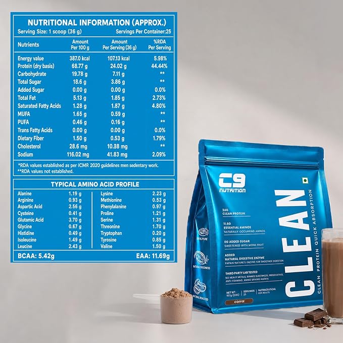 C9 Nutrition Clean Protein Powder | Zero Added Sugar | 907g (25 Servings)