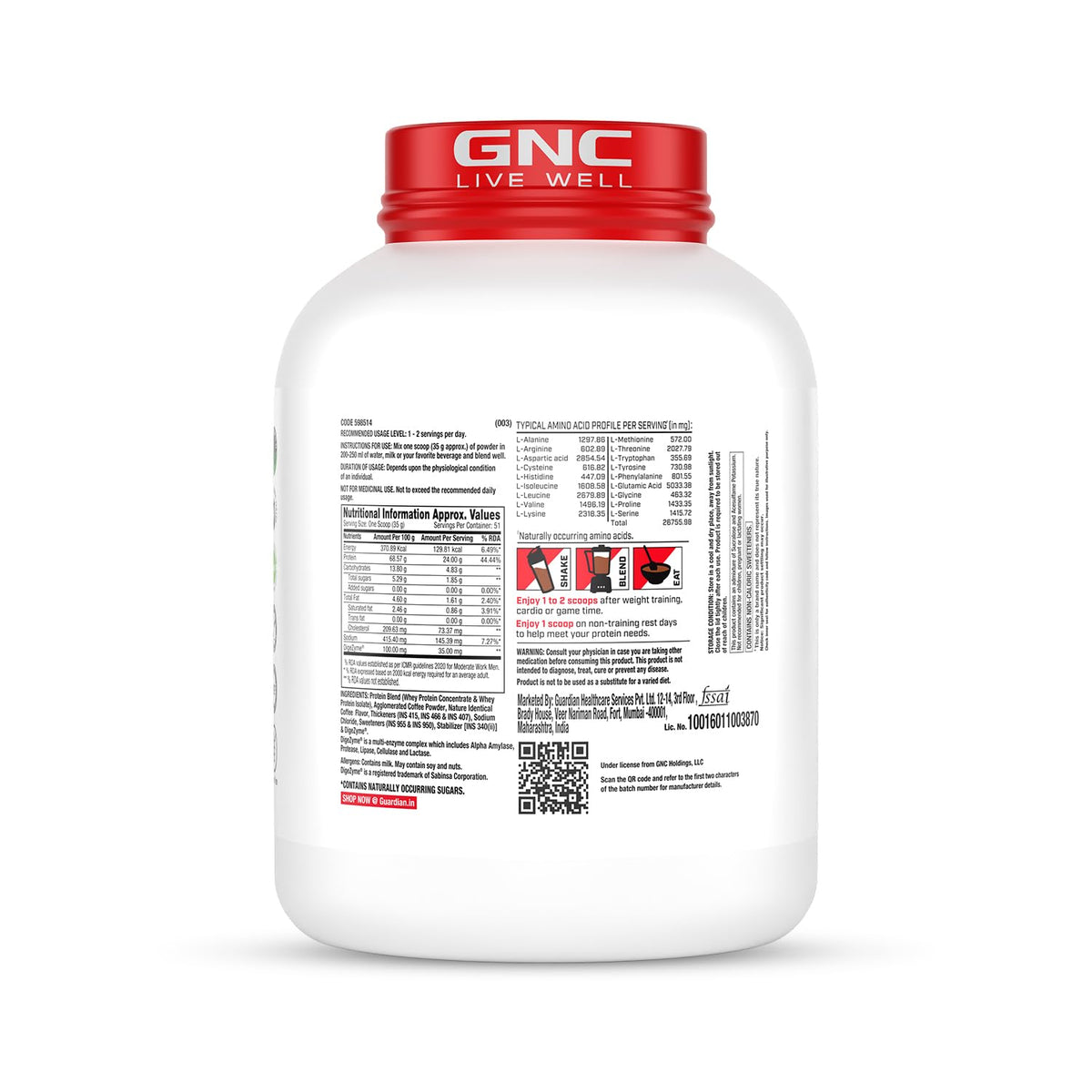 GNC Pro Performance 100% Whey Protein | New Formulation | 24g Protein, 5.7g BCAAs, 12.3g EAAs | Added DigeZyme® | Whey Isolate & Concentrate Blend, Low Carb (4.51g), No Added Sugar |1.81kg