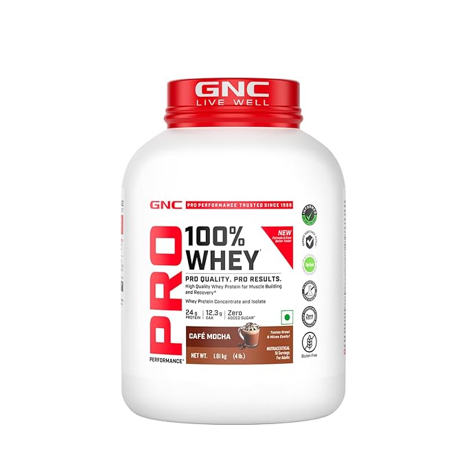 GNC Pro Performance 100% Whey Protein | New Formulation | 24g Protein, 5.7g BCAAs, 12.3g EAAs | Added DigeZyme® | Whey Isolate & Concentrate Blend, Low Carb (4.51g), No Added Sugar |1.81kg