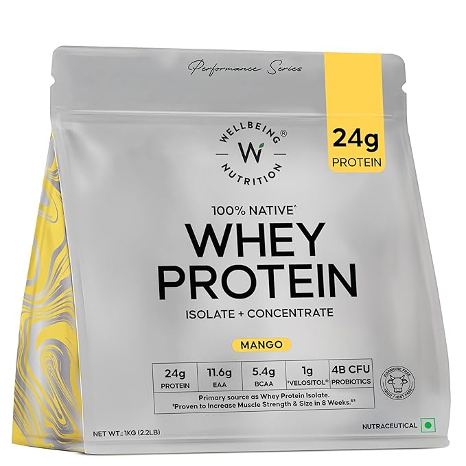 Wellbeing Nutrition Clean Whey Protein Isolate & Concentrate 1Kg Mango | 24g Protein, Clinically Proven Velositol 2x Muscle Protein Synthesis, 4B CFU Probiotics & Digestive Enzymes, Easy to Digest
