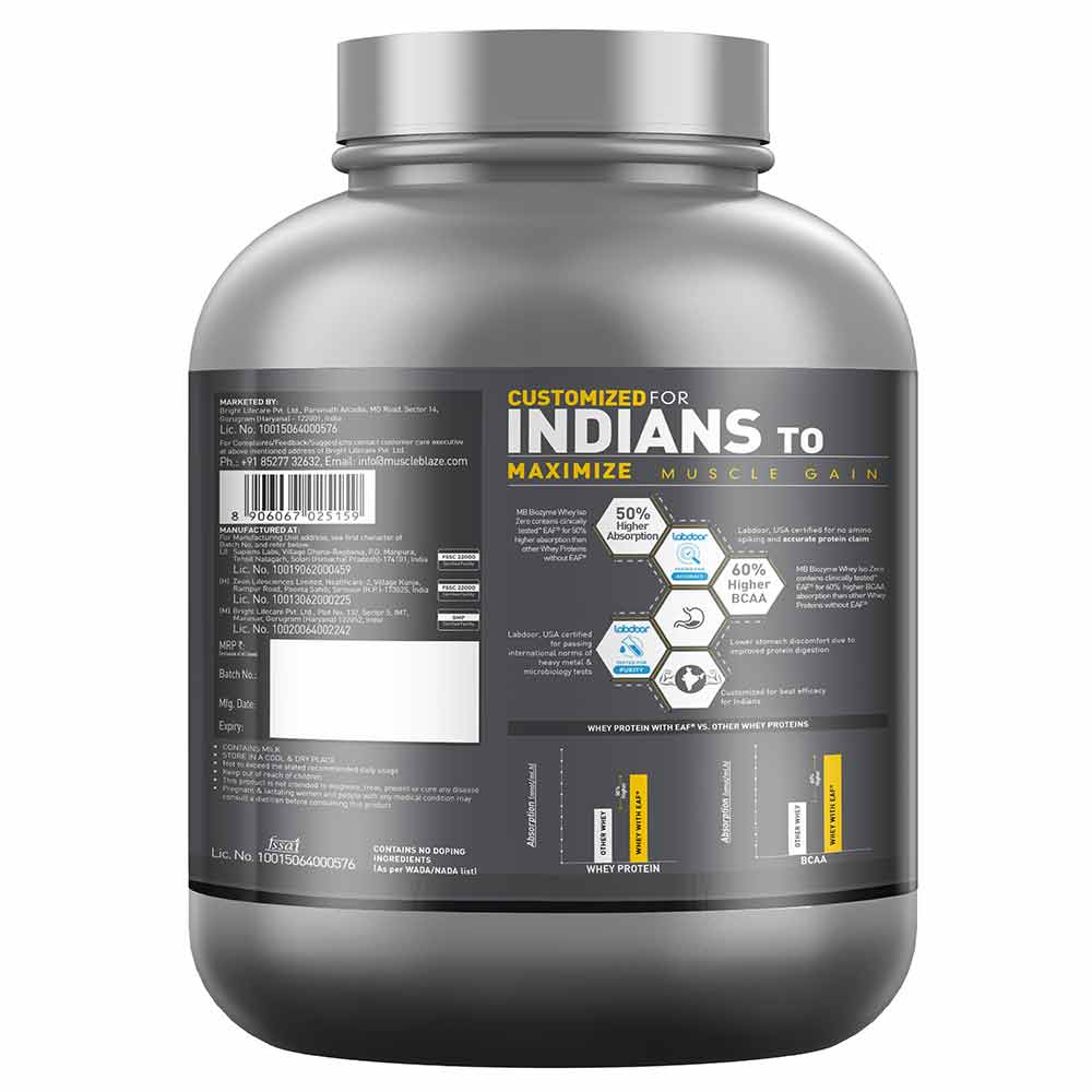 MuscleBlaze Biozyme Iso-Zero Whey Protein Isolate Powder, 2kg (4.4lbs)