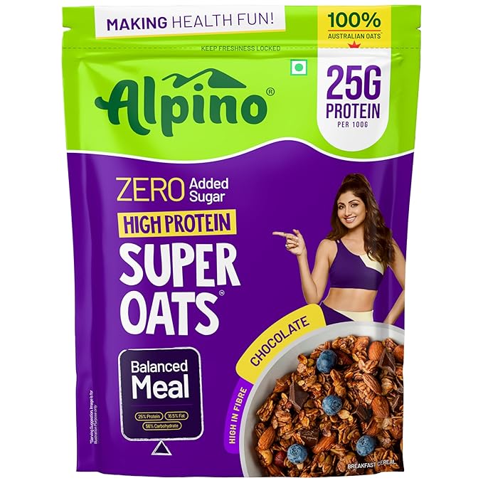 ALPINO 25% High Protein Super Oats Chocolate 1kg – Rolled Oats, Natural Peanut Butter, Cocoa Powder, Nuts & Seeds – 25g Protein, Source of Dietary Fibre & Healthy Fats, No Added Sugar & Salt