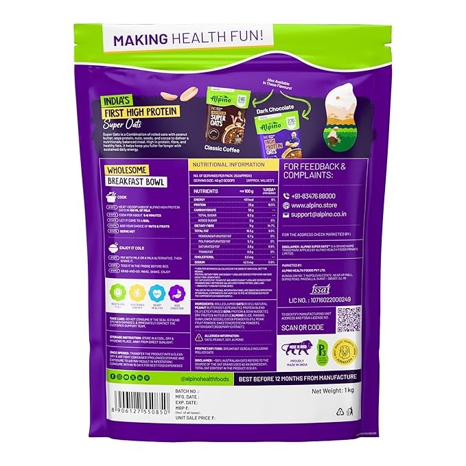 ALPINO 25% High Protein Super Oats Chocolate 1kg – Rolled Oats, Natural Peanut Butter, Cocoa Powder, Nuts & Seeds – 25g Protein, Source of Dietary Fibre & Healthy Fats, No Added Sugar & Salt