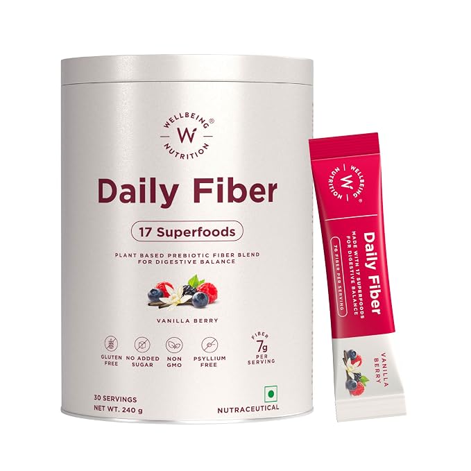 WELLBEING NUTRITION Daily Fiber Powder|Weight Management, Manages Sugar Control, Bloating, Constipation & Acidity Relief|Organic Prebiotic Digestive Fiber Supplement|Vanilla Berry|30 Servings, 1 count